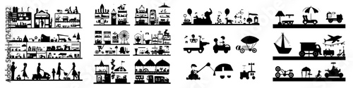Cityscape and community life illustrated in various activities and settings across urban environments