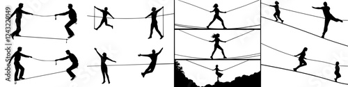 Dynamic performers showcasing balance and skill on tightropes during a vibrant outdoor event in the early evening