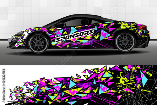 Racing car packaging design vector. Design of car stickers. Geometric polygonal abstract background for racing livery or daily use car vinyl decal. Car design development for the company.