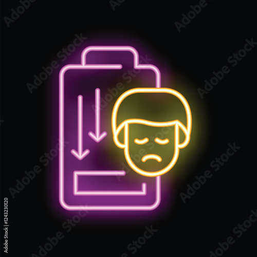 Neon sign illuminating a low battery icon with a sad face, representing the concept of burnout syndrome