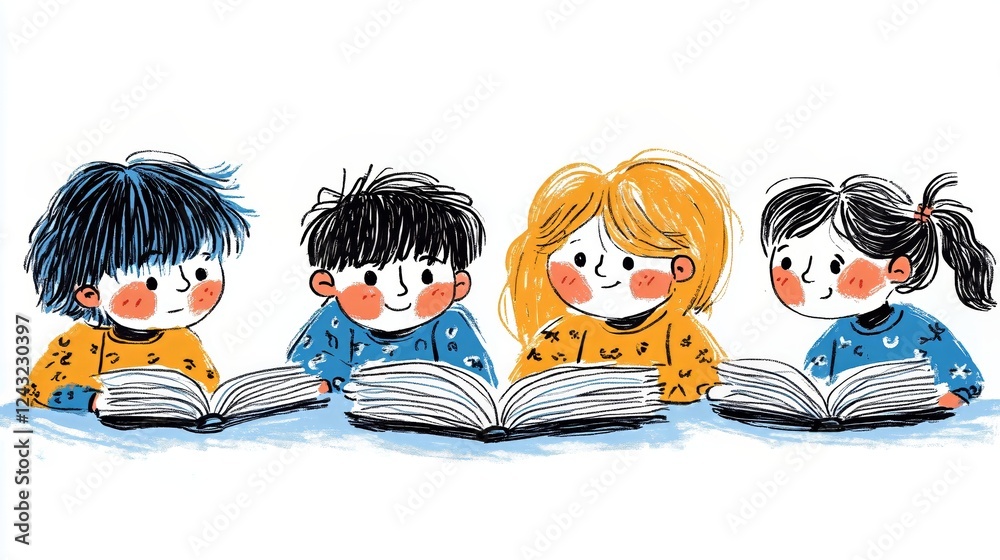 Children reading together, illustrating learning and friendship in a playful style Children reading together, illustrating learning and friendship in a playful style