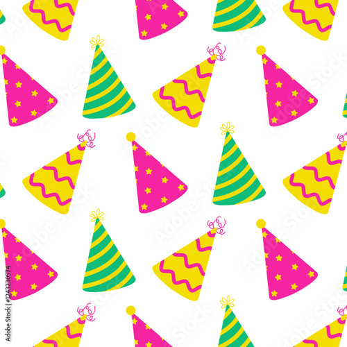 Colorful party hats arranged in a fun pattern on a white background for celebration themes
