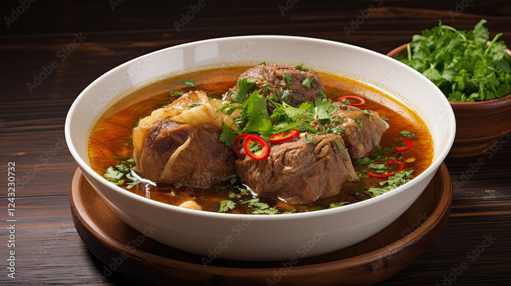 Hearty and flavorful meat soup with fresh herbs and chilies in a rustic setting Hearty and flavorful meat soup with fresh herbs and chilies in a rustic setting