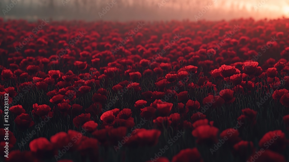 Obraz premium A field of red poppies in full bloom, symbolizing the vastness and beauty of war. Remembrance Day