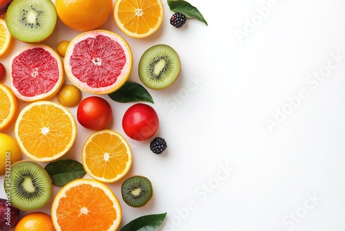 Colorful Fruits on White Background with Space for Text: Perfect for Branding, Product Placement, and Food Photography for Promotional Materials or Social Media Posts