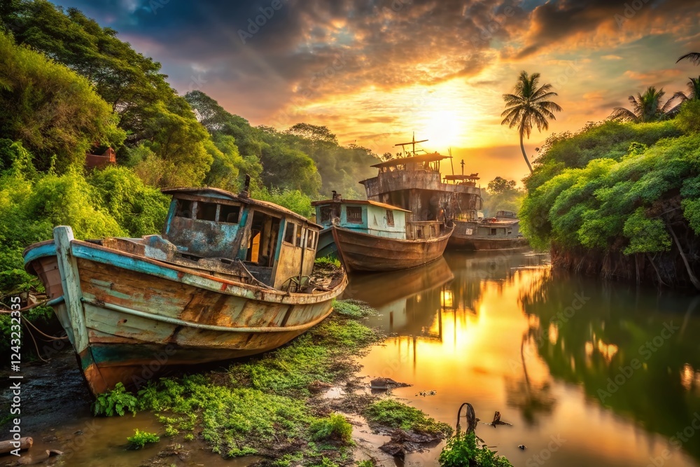 Obraz premium Abandoned Bengal Fishery: Sunken Boats & Rustic Charm - Stock Photo