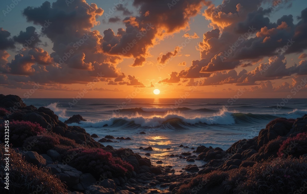 Fototapeta premium A beautiful sunrise over the ocean with a coral reef in the foreground