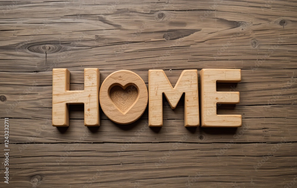 A wooden heart with a house symbol carved into it, placed on a rustic wooden background A wooden heart with a house symbol carved into it, placed on a rustic wooden background