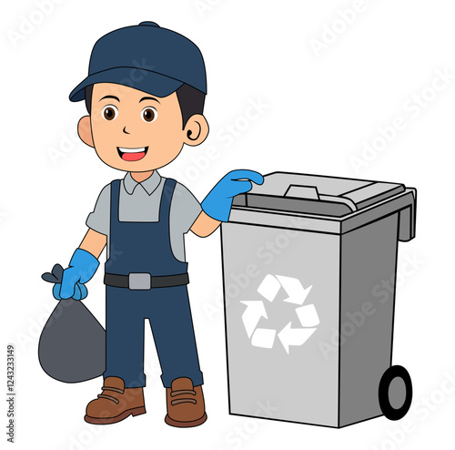 Cartoon Man Trash Collector Working Vectors Illustration