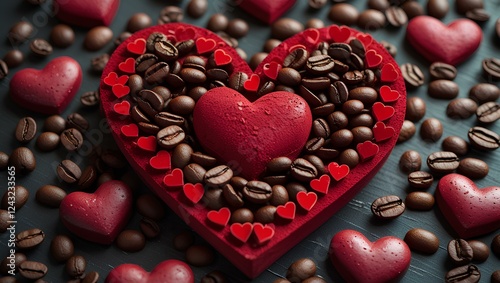 St. Valentine's Day, but the subject of the photo is coffee: hearts made of coffee beans, the colors are red, the color of coffee, so it's very cozy, where you want to be, photo for a cafe