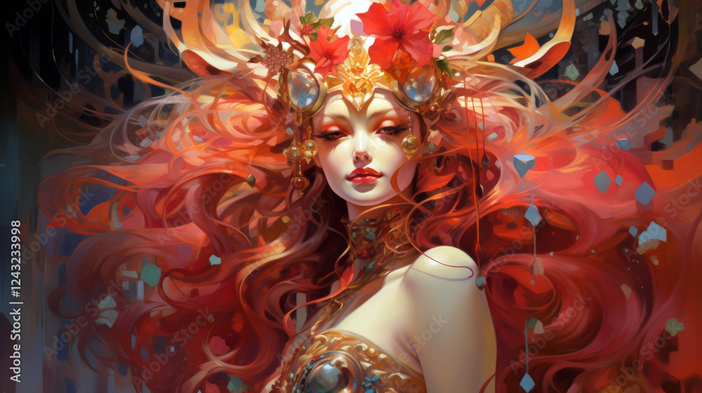 Ethereal goddess adorned with an intricate crown, fiery red hair flowing amidst vibrant floral motifs Ethereal goddess adorned with an intricate crown, fiery red hair flowing amidst vibrant floral motifs