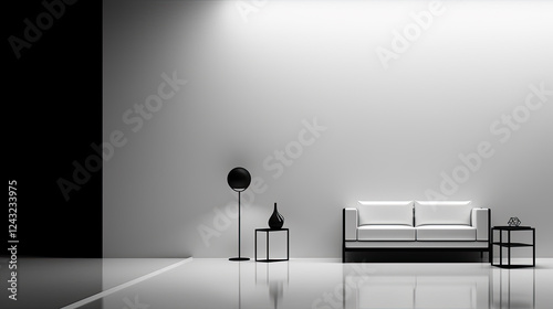 Modern Minimalist Interior Design with White Sofa and Black Accents