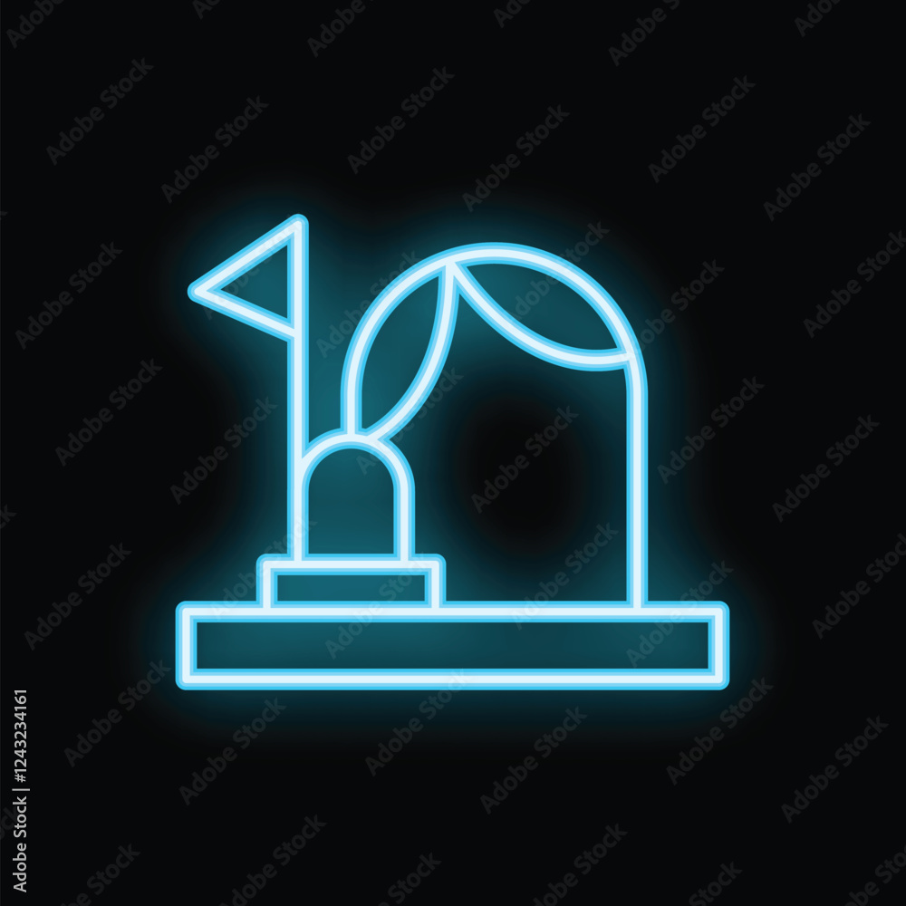 Blue neon icon of a circus tent with a flag on the stage, glowing on a black background Blue neon icon of a circus tent with a flag on the stage, glowing on a black background