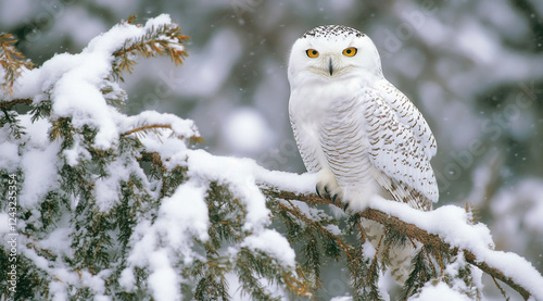 A snowy owl perched on the branch of an old tree, covered in snow and looking at the camera photo