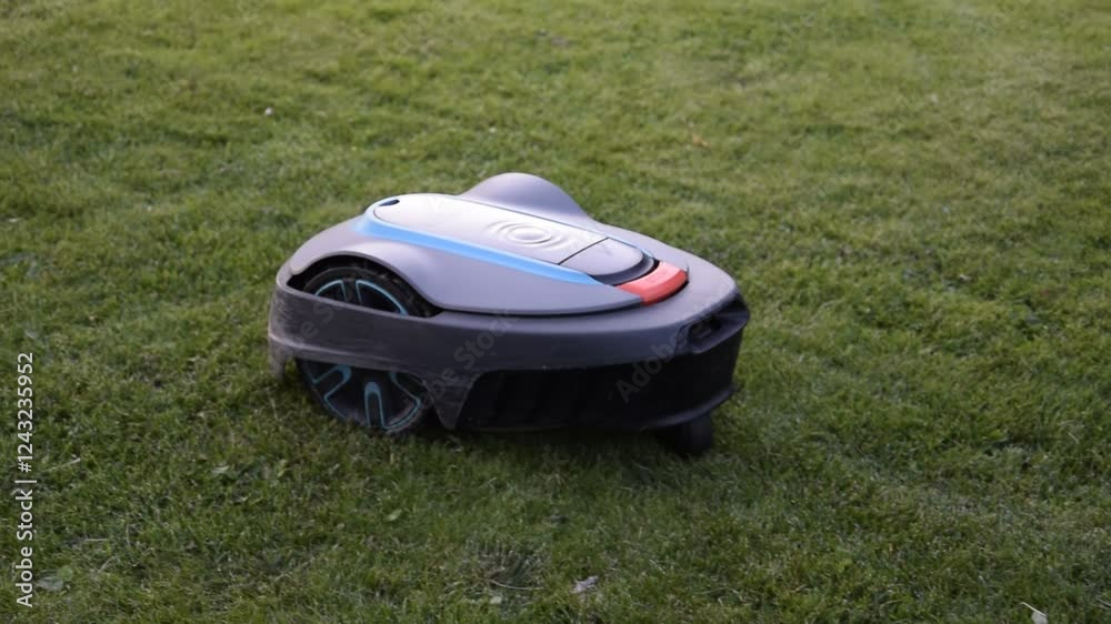 The lawnmower robot mows the grass in the garden The lawnmower robot mows the grass in the garden