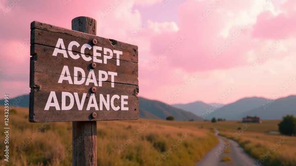 Obraz premium Accept Adapt Advance - Inspirational Wooden Signpost, Dramatic Pink Skies