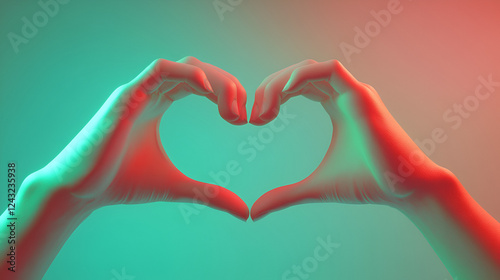 A clean and minimalist composition featuring two large, gentle hands forming a heart shape in the center. The hands are bathed in soft, warm tones like beige, light pink, and soft green, creating a so