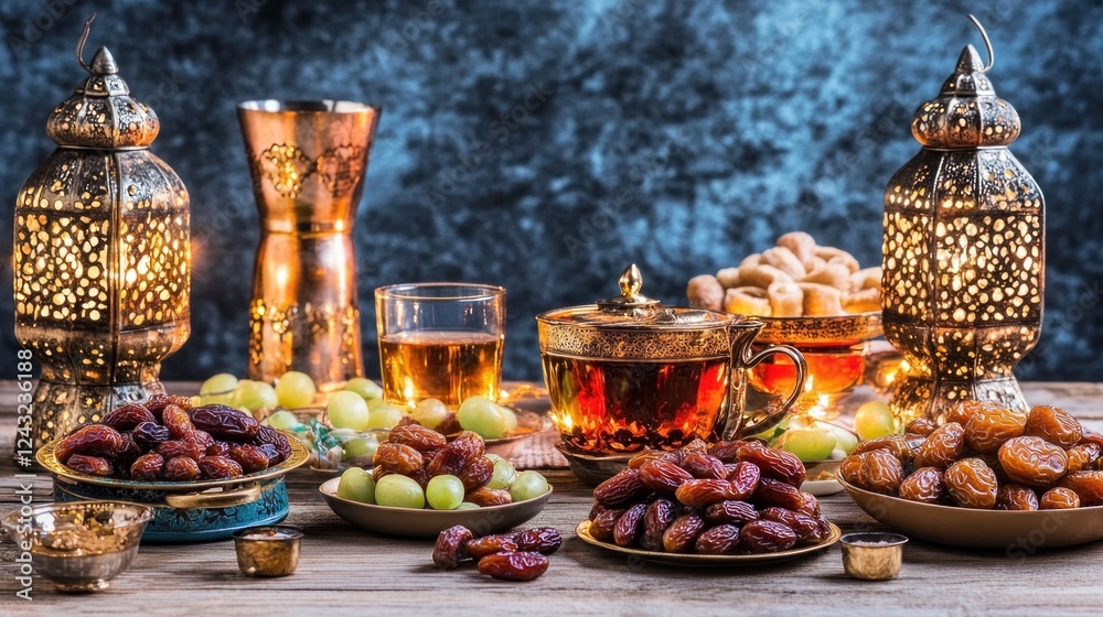 Fototapeta premium Ramadan feast dates, tea, lanterns, wooden table, celebration