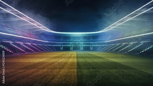An empty futuristic stadium illuminated with colorful neon lights, showcasing a vibrant yet calm atmosphere before the excitement of a game.