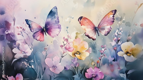 A vibrant watercolor background with colorful butterflies and flowers
