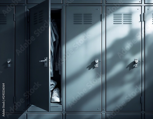 a realistic and detailed depiction of a gym locker. The locker door is slightly open, revealing workout essentials like a gym bag, a water bottle, a towel, and a pair of sneakers neatly placed inside.