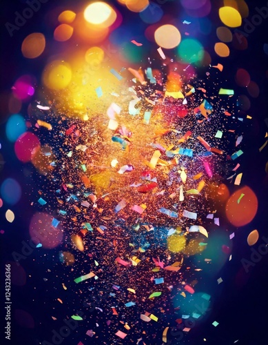 Dynamic explosion of colorful confetti and streamers in mid-air, with a blurred festive background and bright lights, leaving space for text placement