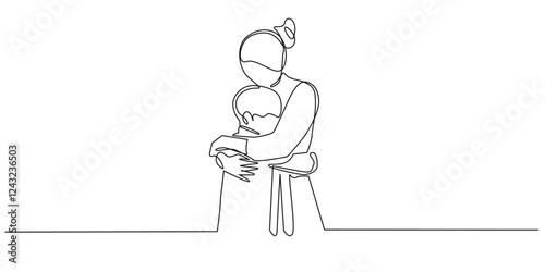 continuous line of boy hugging mother.one line drawing of mother and son hugging tightly.single line vector illustration of family warm relationship.isolated white background