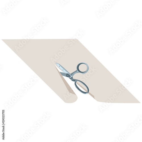 Scissors cutting a sheet of beige paper. Realistic vector illustration isolated on white background. Crafting and paper cutting concept for design and print