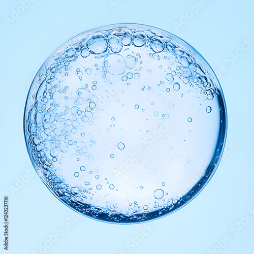 An aestheic minimal water bubble taken from a microscope, white and blue colour scheme

