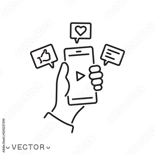 social media share icon, mobile video play, man holding smartphone in a hand and using social media network, editable stroke eps 10 vector illustration