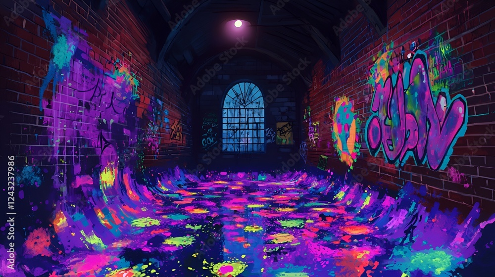 Neon graffiti alleyway, night, vibrant paint, urban exploration, background game design Neon graffiti alleyway, night, vibrant paint, urban exploration, background game design