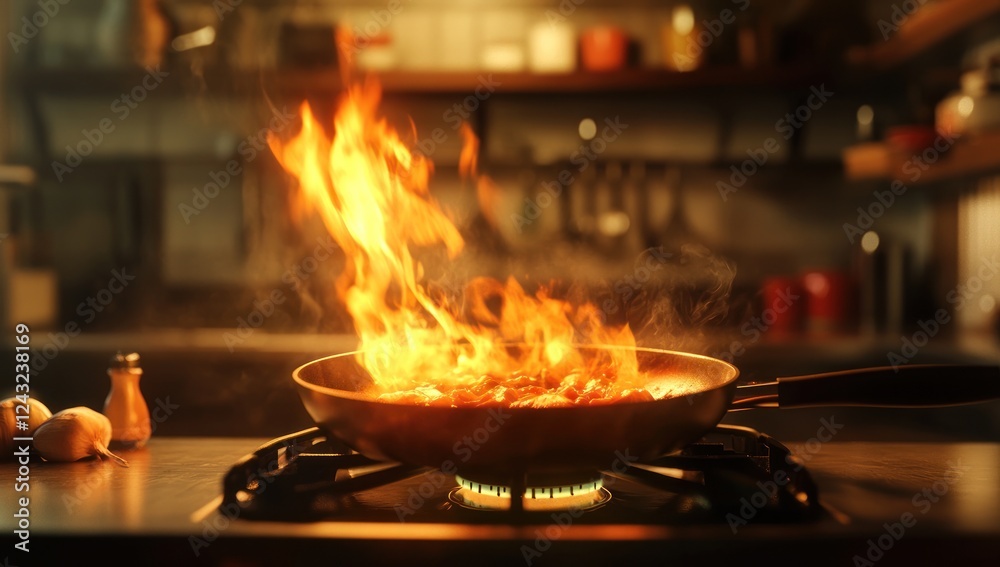 Fiery Culinary Delight: A Close-Up of Flamb?ed Dish in a Kitchen Setting Fiery Culinary Delight: A Close-Up of Flamb?ed Dish in a Kitchen Setting