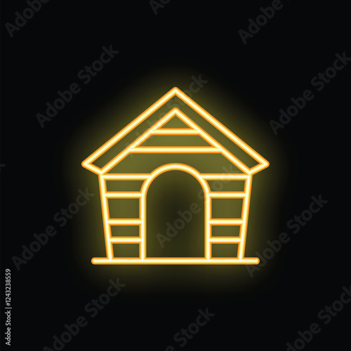 Yellow neon sign representing a wooden doghouse, glowing on a black background