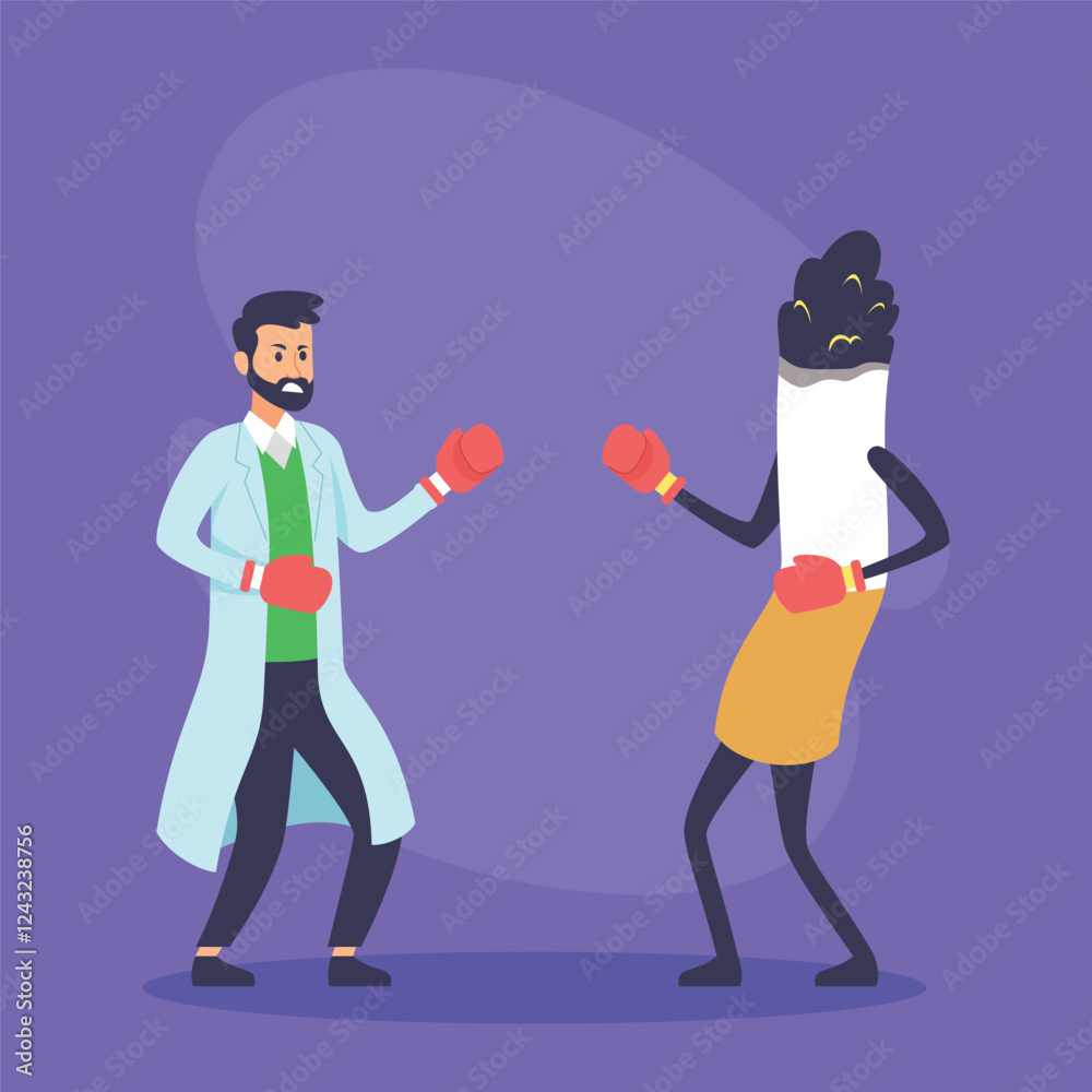 Doctor in lab coat and boxing gloves facing off against cartoon cigarette wearing boxing gloves. Battle against smoking and health awareness concept Doctor in lab coat and boxing gloves facing off against cartoon cigarette wearing boxing gloves. Battle against smoking and health awareness concept