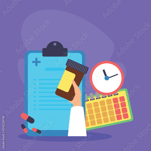 Hand holding medicine bottle in front of clipboard with medical notes and calendar. Importance of managing medication schedules for health concept