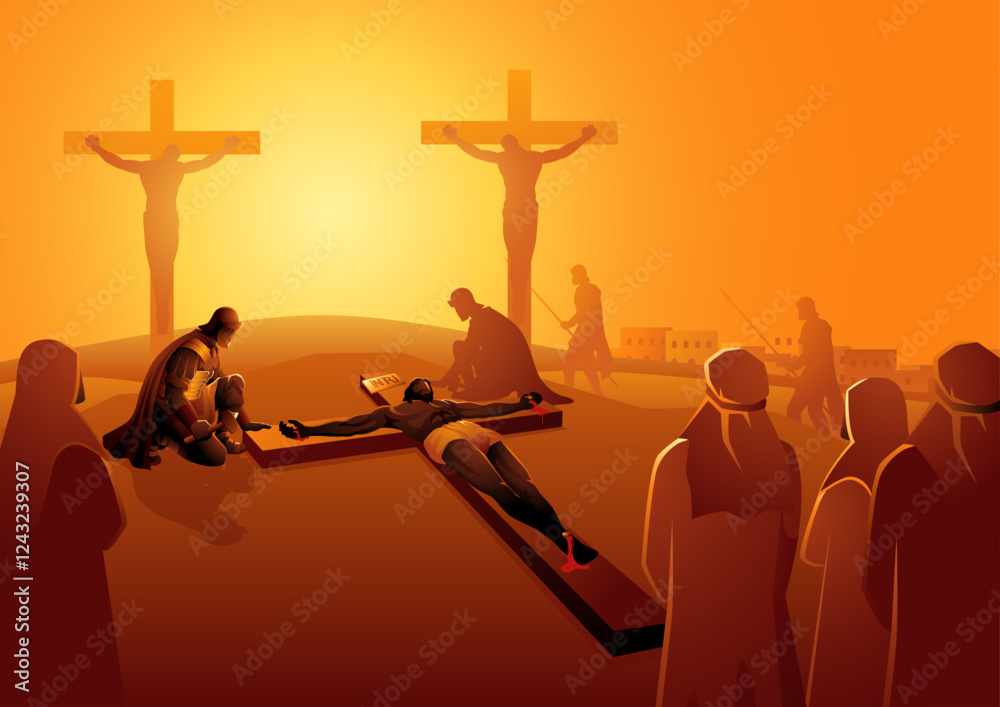 Biblical vector illustration series. Way of the Cross or Stations of the Cross, eleventh station, Jesus is Nailed To The Cross.