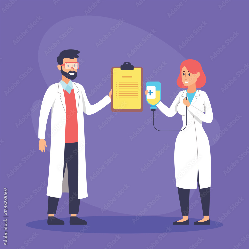 Two medical professionals standing together, one holding clipboard with patient information while other presenting IV bag. Doctors engaged in conversation about treatment options Two medical professionals standing together, one holding clipboard with patient information while other presenting IV bag. Doctors engaged in conversation about treatment options