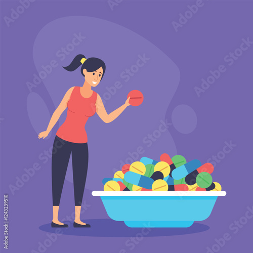 Woman standing beside large bowl filled with various colorful medicine capsules. Girl examining single capsule with curiosity