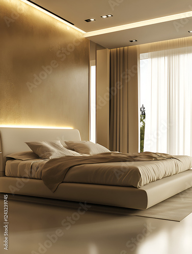 A realistic and minimalist modern bedroom design featuring clean lines and a clutter-free layout. The centerpiece is a sleek, low-profile bed with neutral-toned bedding, surrounded by subtle decor. A 