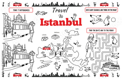 A fun placemat for kids. Printable “Travel to Istanbul” activity sheet with a labyrinth and find the differences. 17x11 inch printable vector file