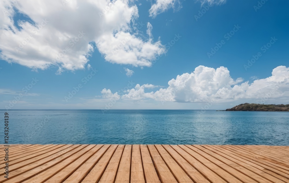 Fototapeta premium A wooden berth extending into a clear blue ocean with a beautiful sky above