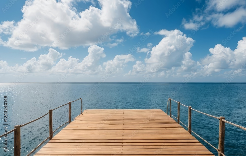 A wooden berth extending into a clear blue ocean with a beautiful sky above A wooden berth extending into a clear blue ocean with a beautiful sky above