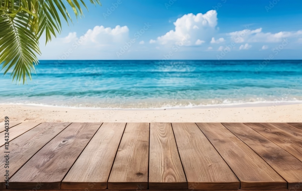 Fototapeta premium A wooden table with a view of a beautiful blue sea and sandy beach in the background