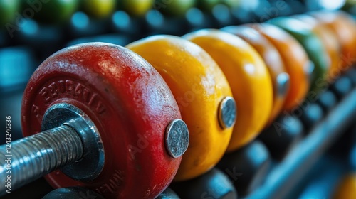 Colorful weight plates on a rack, ready for a workout.  Fitness, strength training, and healthy lifestyle. photo