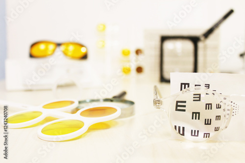Magnifying glass in the central part, on the right vision test through a square black magnifying glass, and in the background glasses with yellow and orange filters for low vision.
