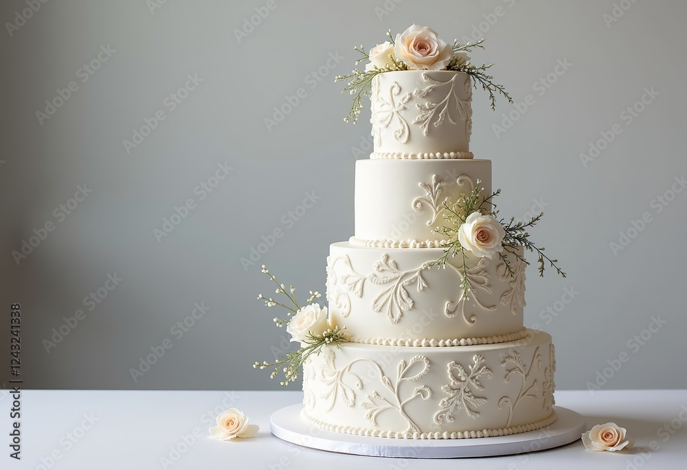 Fototapeta premium Timeless Wedding Cake: Elegant White Frosting, Delicate Floral Design. High-Resolution Photo, Minimalist Background & Romantic Atmosphere. 