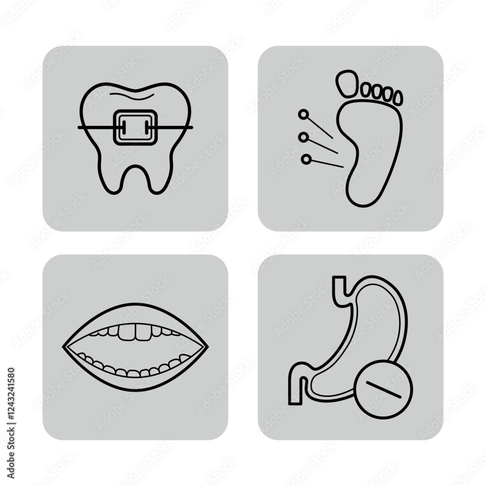Fototapeta premium Collection of four medical icons representing dentistry, podiatry, and oral health. Importance of diverse medical fields for healthcare concept