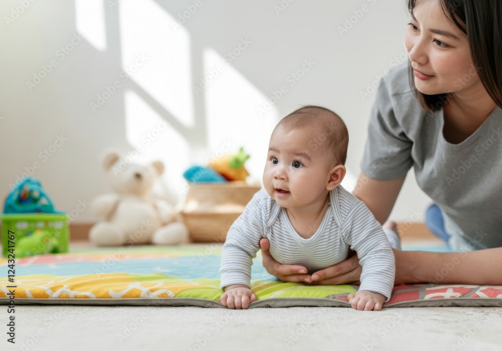 Asian mother and infant playtime on colorful mat in sunlit nursery room