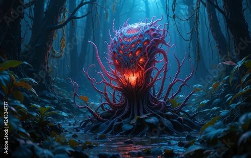A digital art piece of a glowing neon-colored carnivorous plant in a dark, mystical swamp setting