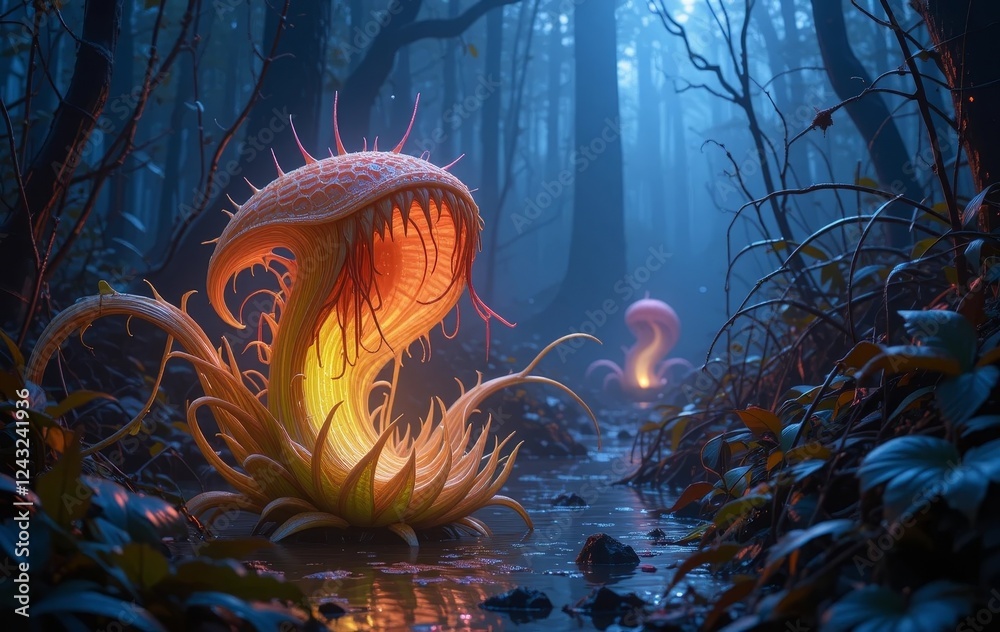 A digital art piece of a glowing neon-colored carnivorous plant in a dark, mystical swamp setting
